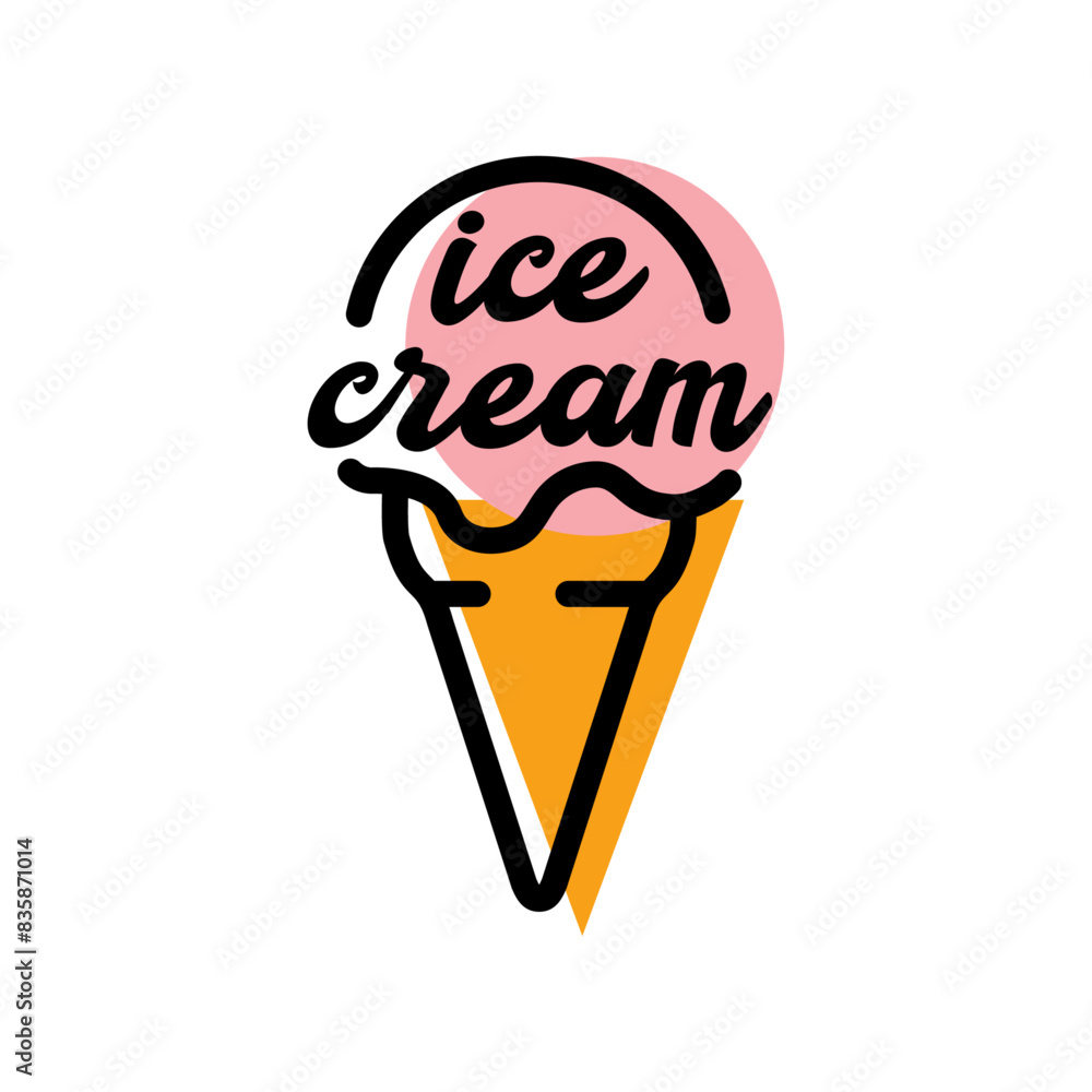 Logo ice cream. Silueta con líneas. y relleno de cono de waffle con bola de helado con texto manuscrito ice cream Logo ice cream. Silueta con líneas. y relleno de cono de waffle con bola de helado con texto manuscrito ice cream
