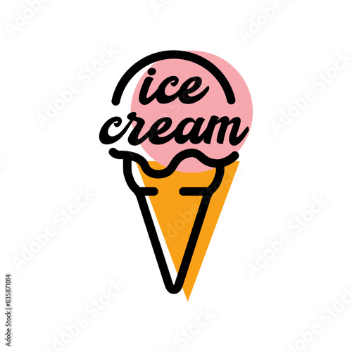 Logo ice cream. Silueta con líneas. y relleno de cono de waffle con bola de helado con texto manuscrito ice cream