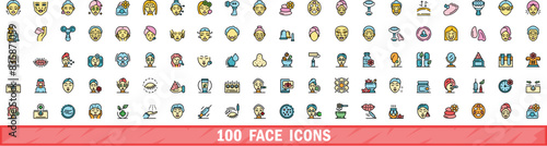 100 face icons set. Color line set of face vector icons thin line color flat on white