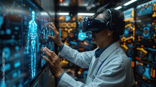 healthcare and medical technology doctor wearing a virtual reality headset and recording diagnosis data from a holographic of a patient on a virtual interface innovation science.illustration