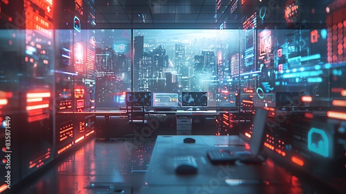 Futuristic Workstations: Blurred Office Desks Designed for Productivity and Style, Overlay layers with city background and holograms of technology icons are in the foreground, intersected by glowing