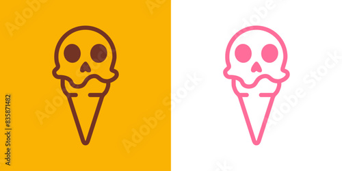 Logo ice cream. Silueta con líneas de bola de helado con forma de calavera en cono de waffle sabores fresa y chocolate para Halloween