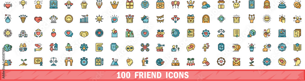 100 friend icons set. Color line set of friend vector icons thin line color flat on white 100 friend icons set. Color line set of friend vector icons thin line color flat on white