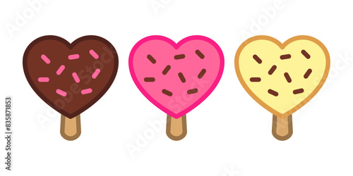 Logo i love ice cream. Grupo de varios helados de paleta	 con forma de corazón sabores fresa, chocolate y vainilla