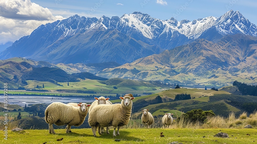 Fototapeta premium Picturesque view of sheep in shakespeare regional park, new zealand's scenic landscape
