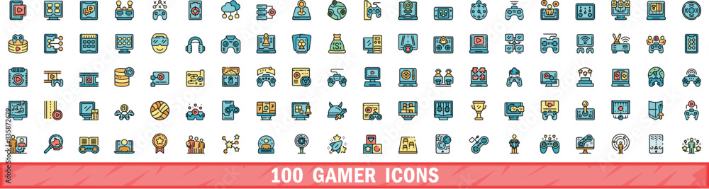 100 gamer icons set. Color line set of gamer vector icons thin line color flat on white 100 gamer icons set. Color line set of gamer vector icons thin line color flat on white