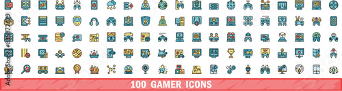 100 gamer icons set. Color line set of gamer vector icons thin line color flat on white