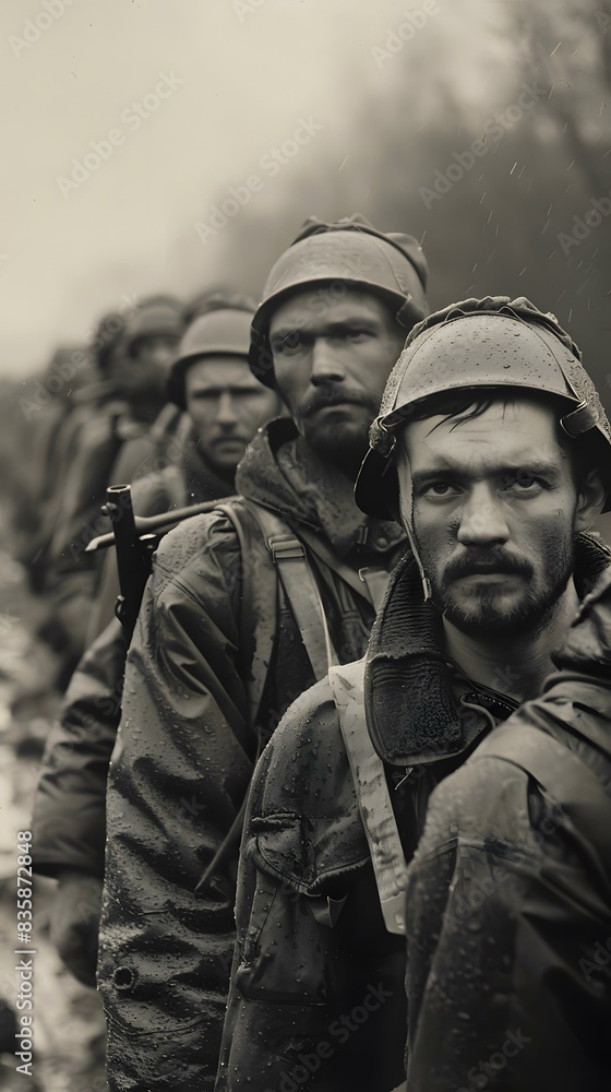 A group of soldiers in the rain. A group of soldiers in the rain.