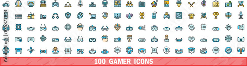 100 gamer icons set. Color line set of gamer vector icons thin line color flat on white