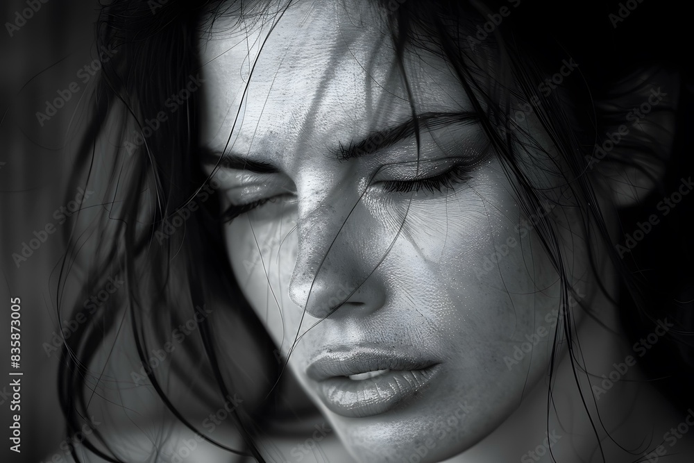 Fototapeta premium Close up portrait of a beautiful young woman with wet hair and closed eyes