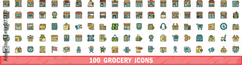 100 grocery icons set. Color line set of grocery vector icons thin line color flat on white