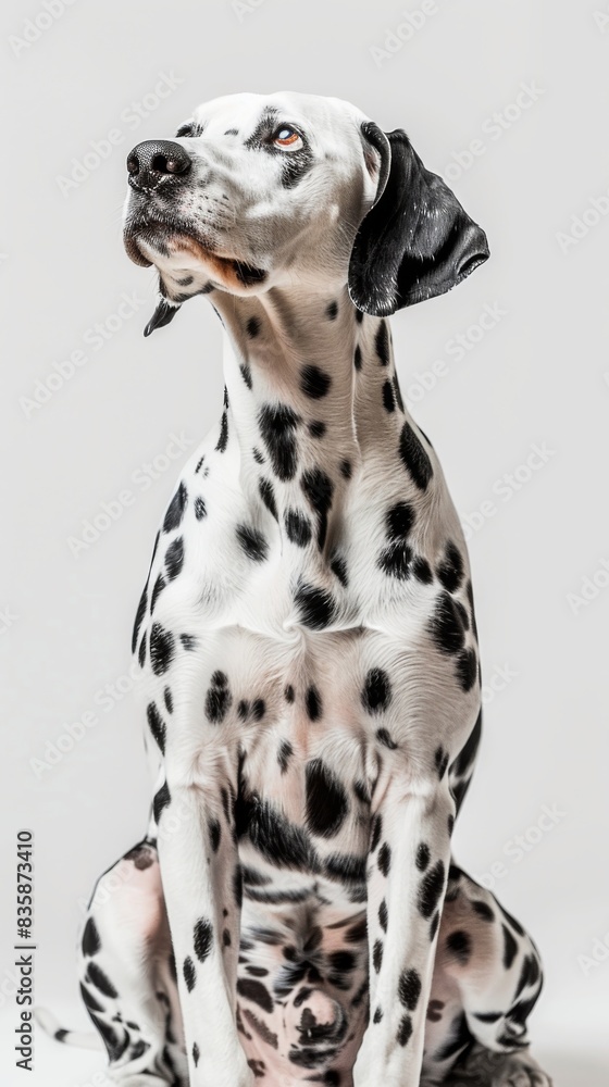 A Dalmatian dog sits on a white background A Dalmatian dog sits on a white background