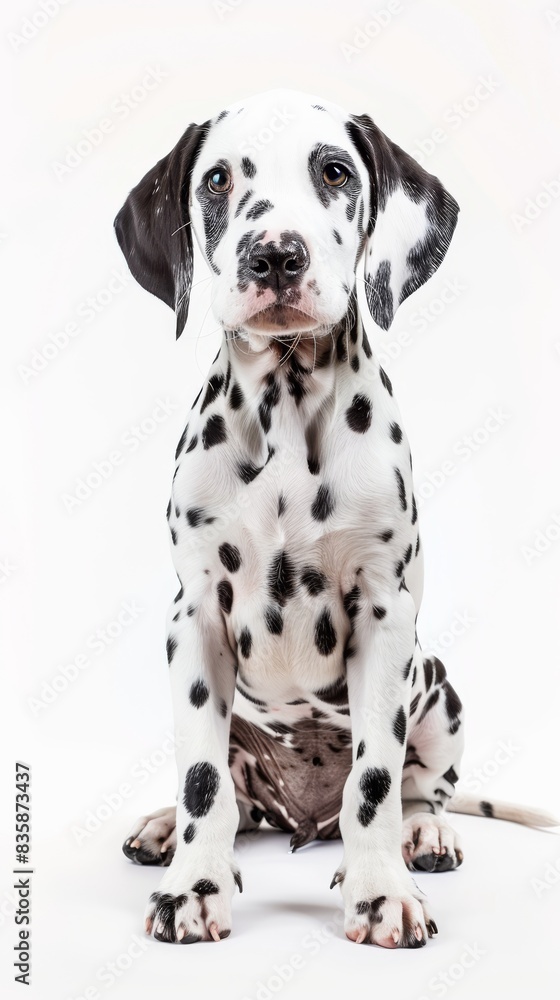 A Dalmatian dog sits on a white background A Dalmatian dog sits on a white background