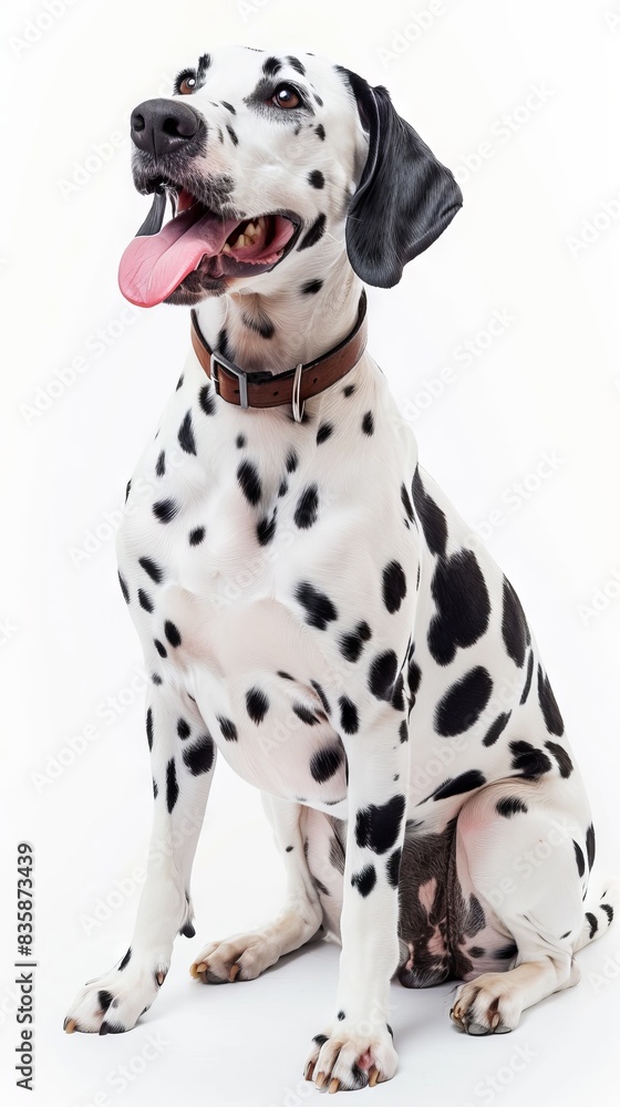 A Dalmatian dog sits on a white background