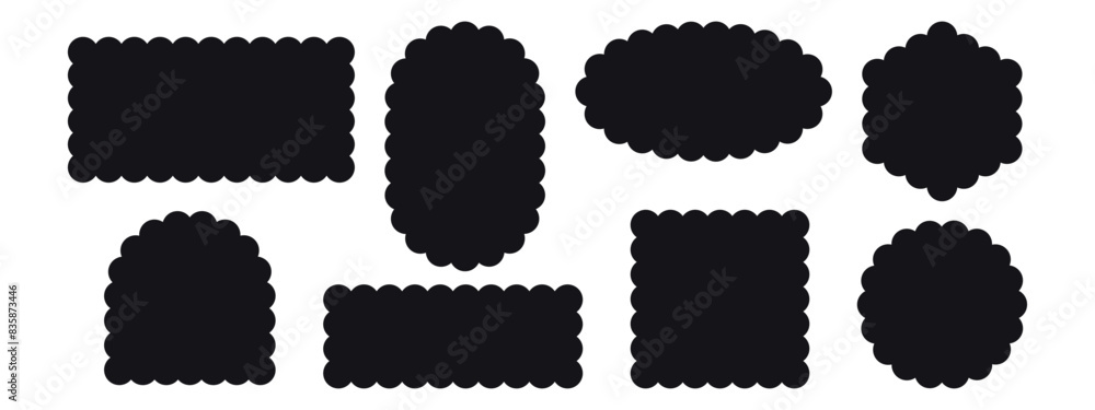A set of cute seamless tag forms. Starburst, zigzag, circle, rectangle.Curved box element with teeth. Scallop frames. Border wavy. Vector illustration isolated on white background.