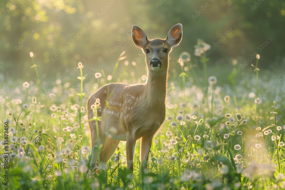 Deer Standing in Flower Meadow, Bathed in Soft Glow
