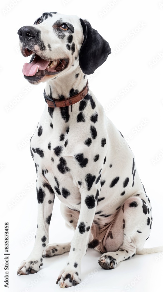 A Dalmatian dog sits on a white background