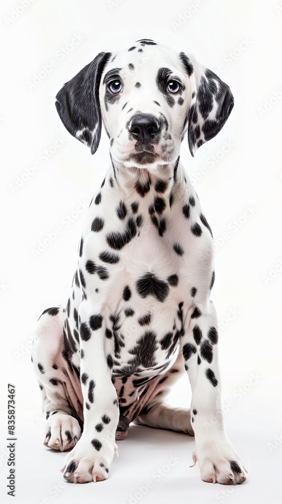 A Dalmatian dog sits on a white background A Dalmatian dog sits on a white background