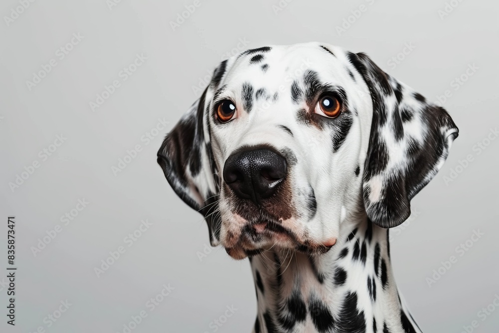 A close-up portrait of a Dalmatian dog with black spots against a white background A close-up portrait of a Dalmatian dog with black spots against a white background