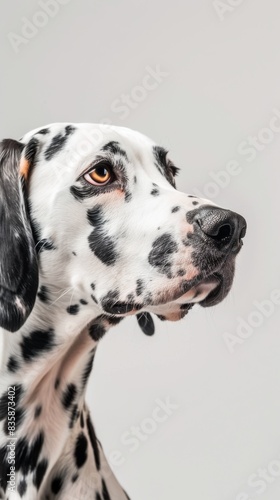 A close-up portrait of a Dalmatian dog with black spots against a white background