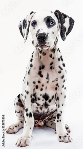 A Dalmatian dog sits on a white background