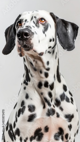 A close-up portrait of a Dalmatian dog with black spots against a white background © PLATİNUM