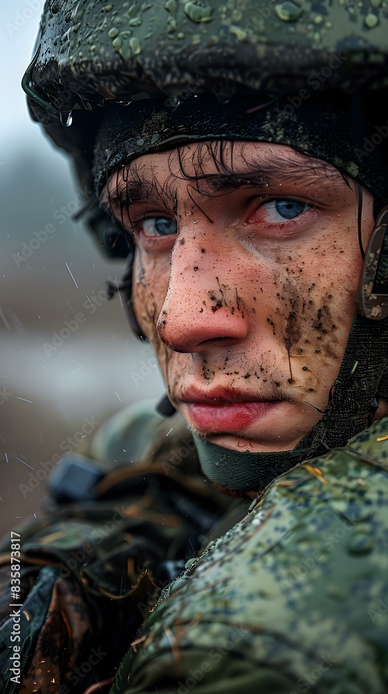 Portrait of a young soldier with mud on his face Portrait of a young soldier with mud on his face