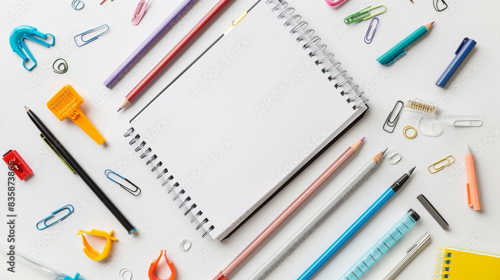 A flat lay of a blank notebook surrounded by colorful stationery items such as pencils, pens, erasers, and paper clips on a white isolated background, with ample space for text. A flat lay of a blank notebook surrounded by colorful stationery items such as pencils, pens, erasers, and paper clips on a white isolated background, with ample space for text.