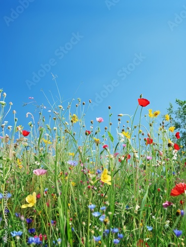 A vibrant field of wildflowers in full bloom  with a clear blue sky above. The image has a joyful and lively atmosphere.