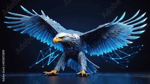 Polygonal wireframe style eagle, created with blue glowing lines and dots for a high-tech digital look photo