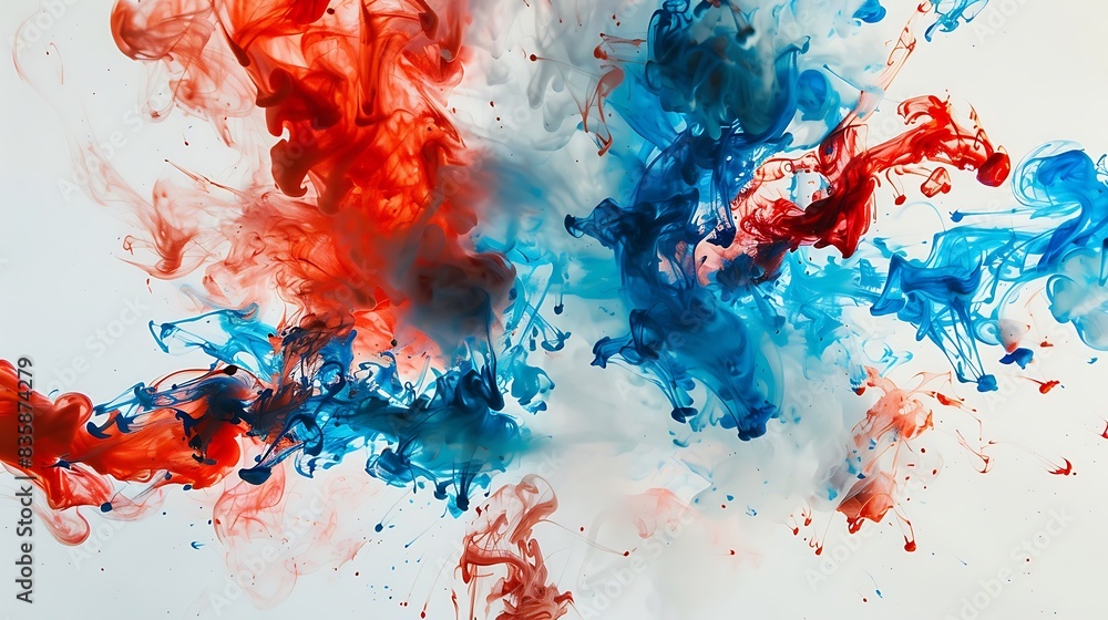 Blue and red color explosion on white background, dramatic and vivid. Blue and red color explosion on white background, dramatic and vivid.