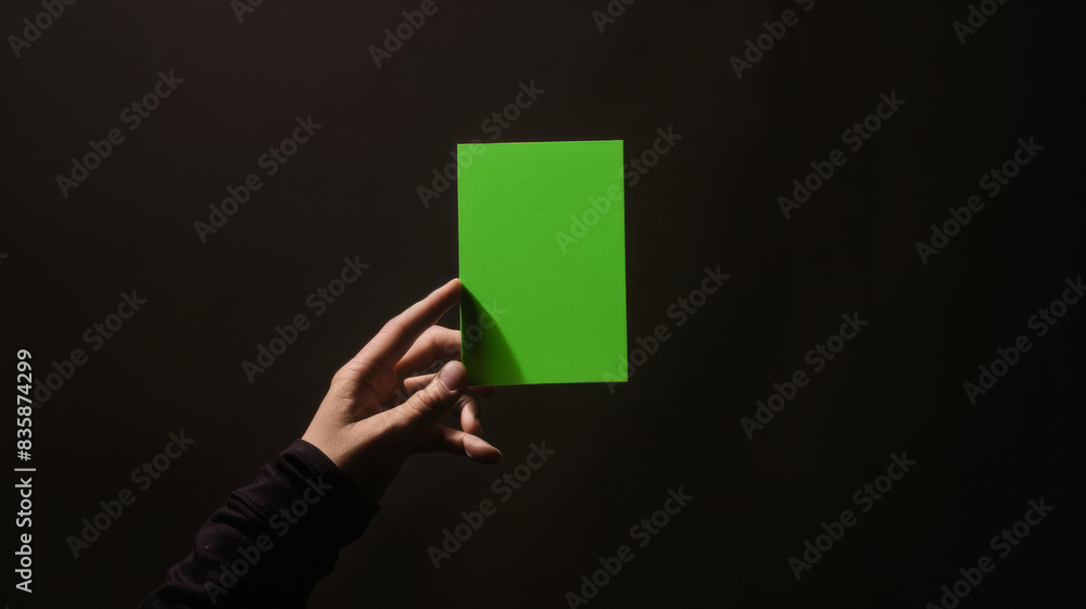 Naklejka premium A hand holds a vibrant green rectangle against a black backdrop, captured with precision and balance.generative ai