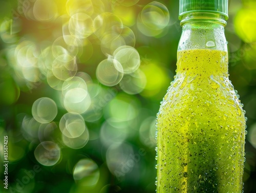 A close-up shot of a vegetable juice bottle with condensation droplets, making it look cold and refreshing. The background is a blurred garden, suggesting freshness and nature.
