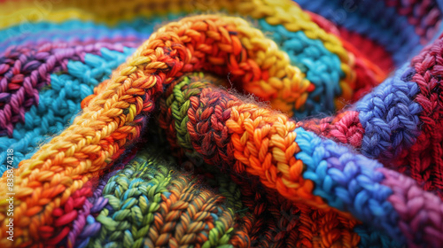 Details of an homemade knit sweater with colorful rainbow colors