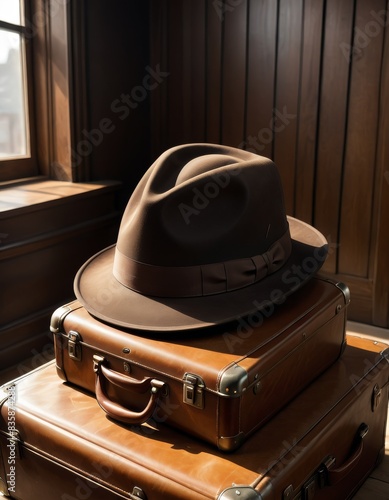 A stylish brown fedora hat rests on two vintage leather suitcases, bathed in warm sunlight from a nearby window, creating a nostalgic and classic atmosphere.