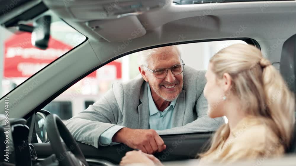 Girl, salesman and key for dealership, sale and discussion for auto deal or purchase. Woman, buyer and vehicle with features, promotion and new car for transportation or travel for ownership pitch Girl, salesman and key for dealership, sale and discussion for auto deal or purchase. Woman, buyer and vehicle with features, promotion and new car for transportation or travel for ownership pitch