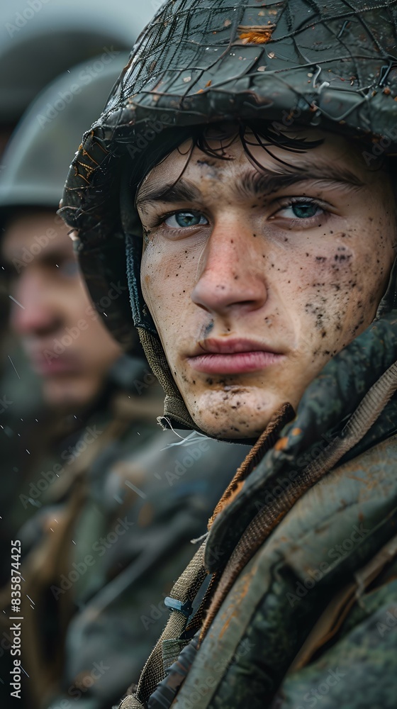 Obraz premium Portrait of a young soldier with blue eyes and a dirty face wearing a military helmet