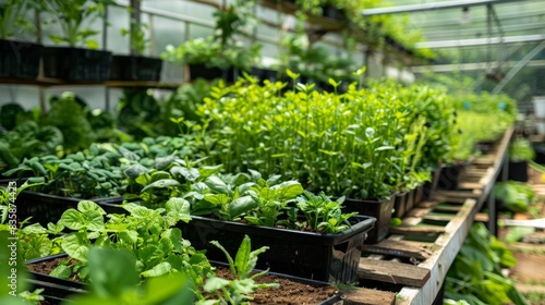 A greenhouse in the middle of a bustling city filled with rows of leafy greens and aromatic herbs.