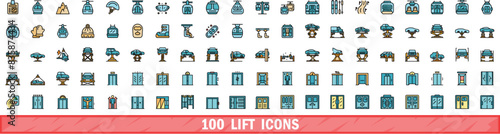 100 lift icons set. Color line set of lift vector icons thin line color flat on white