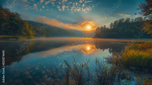 Golden sunrise over letchworth state park, new york, usa - majestic morning landscape with sunlight filtering through trees and misty waterfalls, peaceful nature scenery