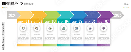 Rectangular timeline infographic template or element with 7 step, process, option, colorful rectangle, icons, paper , button, tag, circle, circular, square bar for sale slide, planner, 2024, 2025