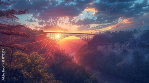 spectacular sunset over new river gorge bridge in west virginia - vibrant sky reflecting on historic landmark and scenic landscape
