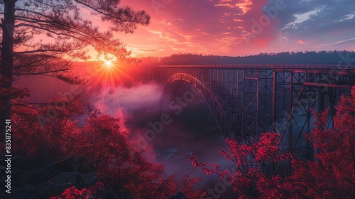 spectacular sunset over new river gorge bridge in west virginia - vibrant sky reflecting on historic landmark and scenic landscape