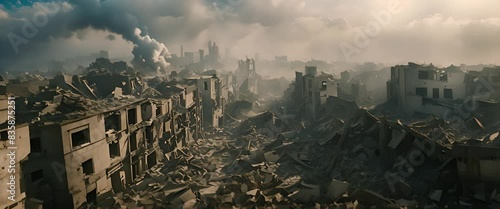 Aerial view of a city destroyed by war, with crumbling buildings, smoke rising from shattered streets 1 photo