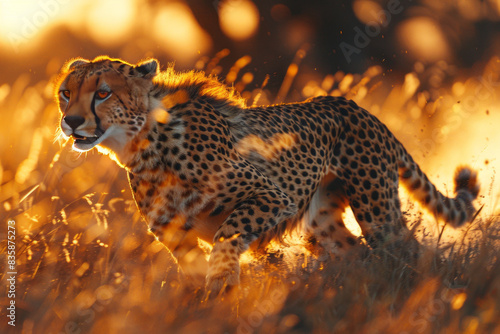 cheetah running in Kruger National Park with the Savannah trees in the background, generative ai
