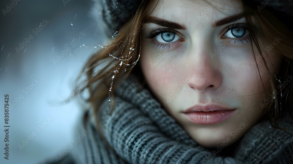 Portrait of a beautiful young woman with blue eyes wearing a gray knitted hat and scarf Portrait of a beautiful young woman with blue eyes wearing a gray knitted hat and scarf