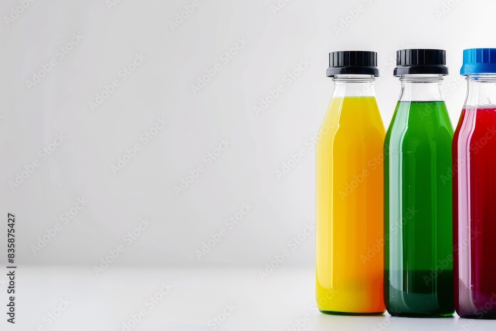 A colorful vegetable juice bottle with a modern label, set against a clean white background with space for text on the side. Perfect for promotional materials. A colorful vegetable juice bottle with a modern label, set against a clean white background with space for text on the side. Perfect for promotional materials.