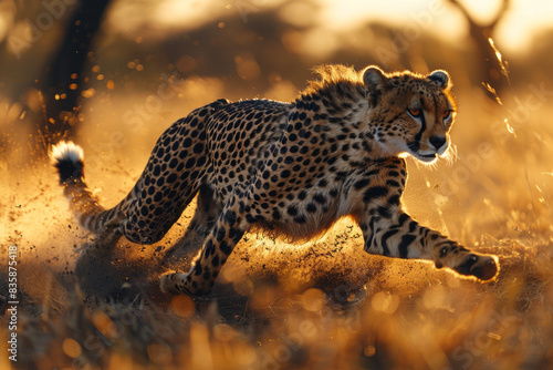 cheetah running in Kruger National Park with the Savannah trees in the background, generative ai