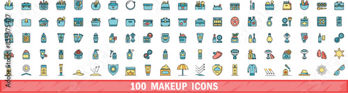 100 makeup icons set. Color line set of makeup vector icons thin line color flat on white