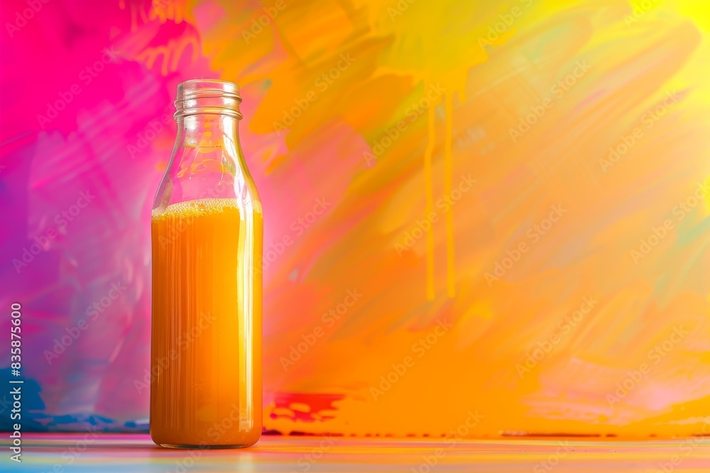 A vibrant vegetable juice in a clear glass bottle, set against a colorful and energetic background. The image includes space for text on the side, ideal for advertising. A vibrant vegetable juice in a clear glass bottle, set against a colorful and energetic background. The image includes space for text on the side, ideal for advertising.
